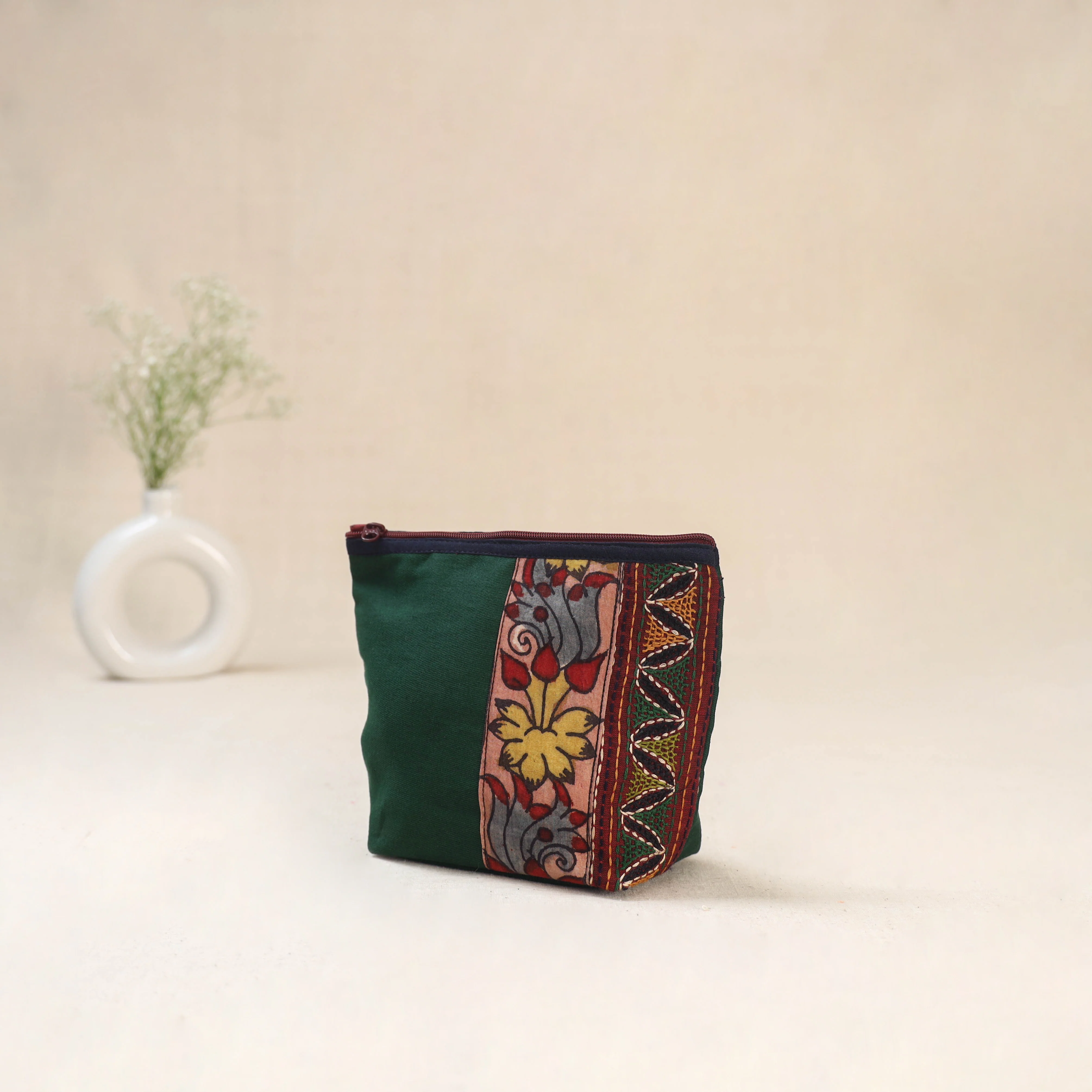 Green - Tagai Work Srikalahasti Kalamkari Handpainted Small Utility Pouch 123 - Image 2