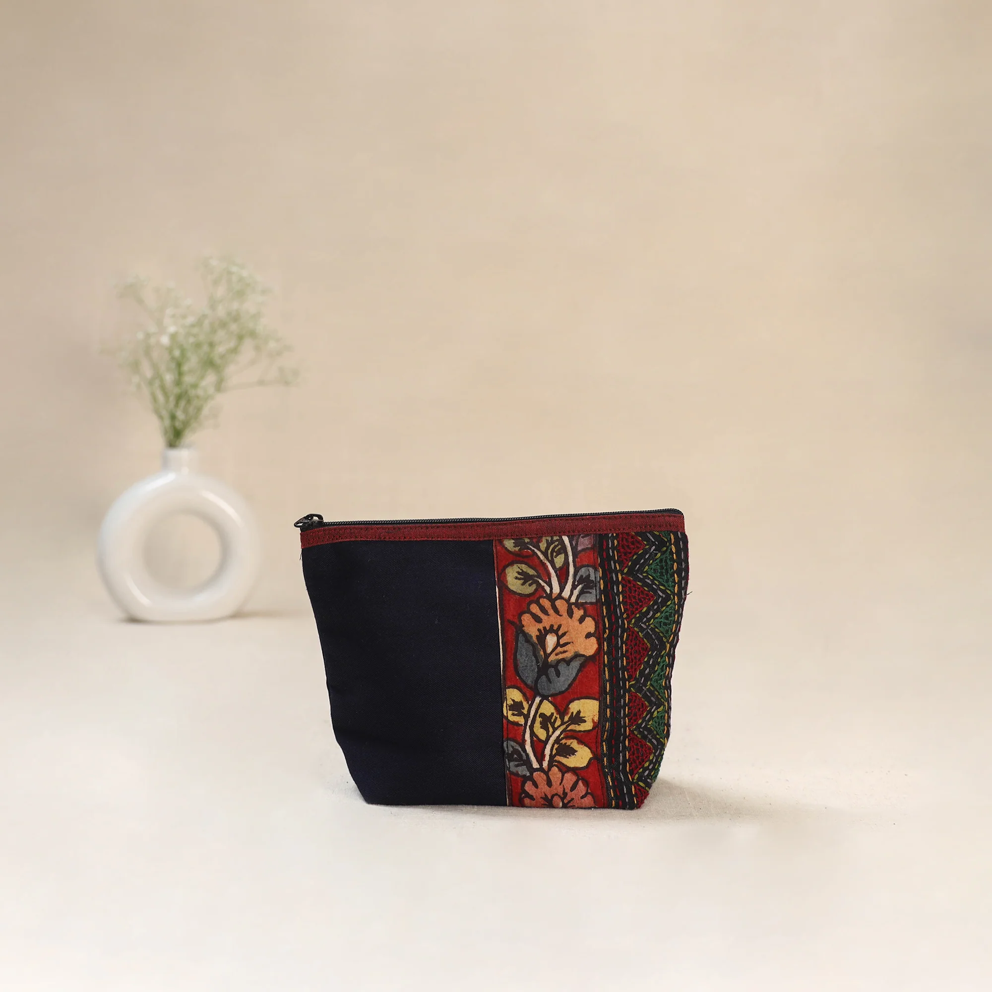 Blue - Tagai Work Srikalahasti Kalamkari Handpainted Small Utility Pouch 126