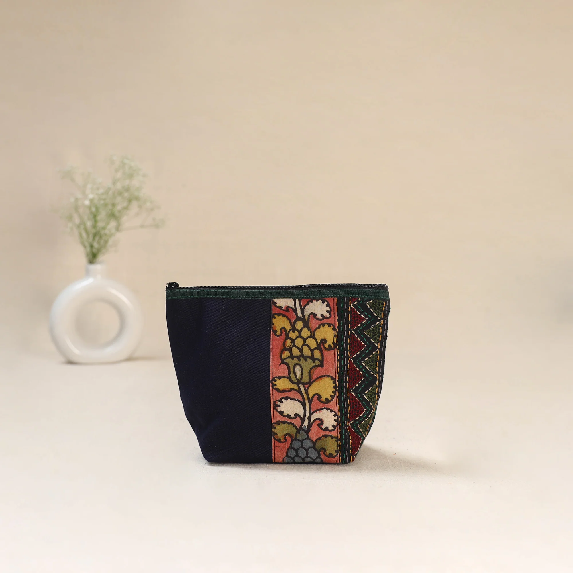 Blue - Tagai Work Srikalahasti Kalamkari Handpainted Small Utility Pouch 127