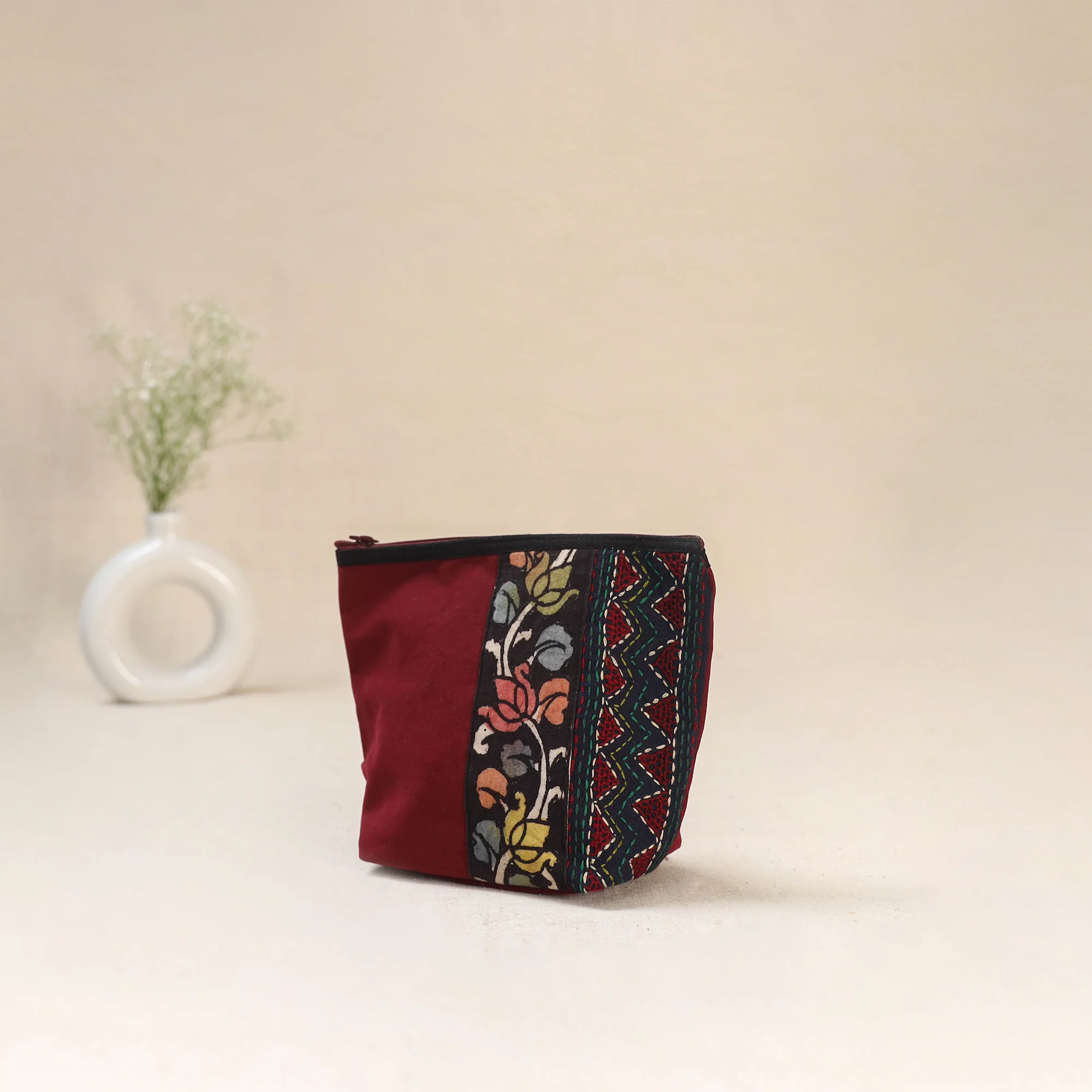 Red - Tagai Work Srikalahasti Kalamkari Handpainted Small Utility Pouch 128 - Image 2