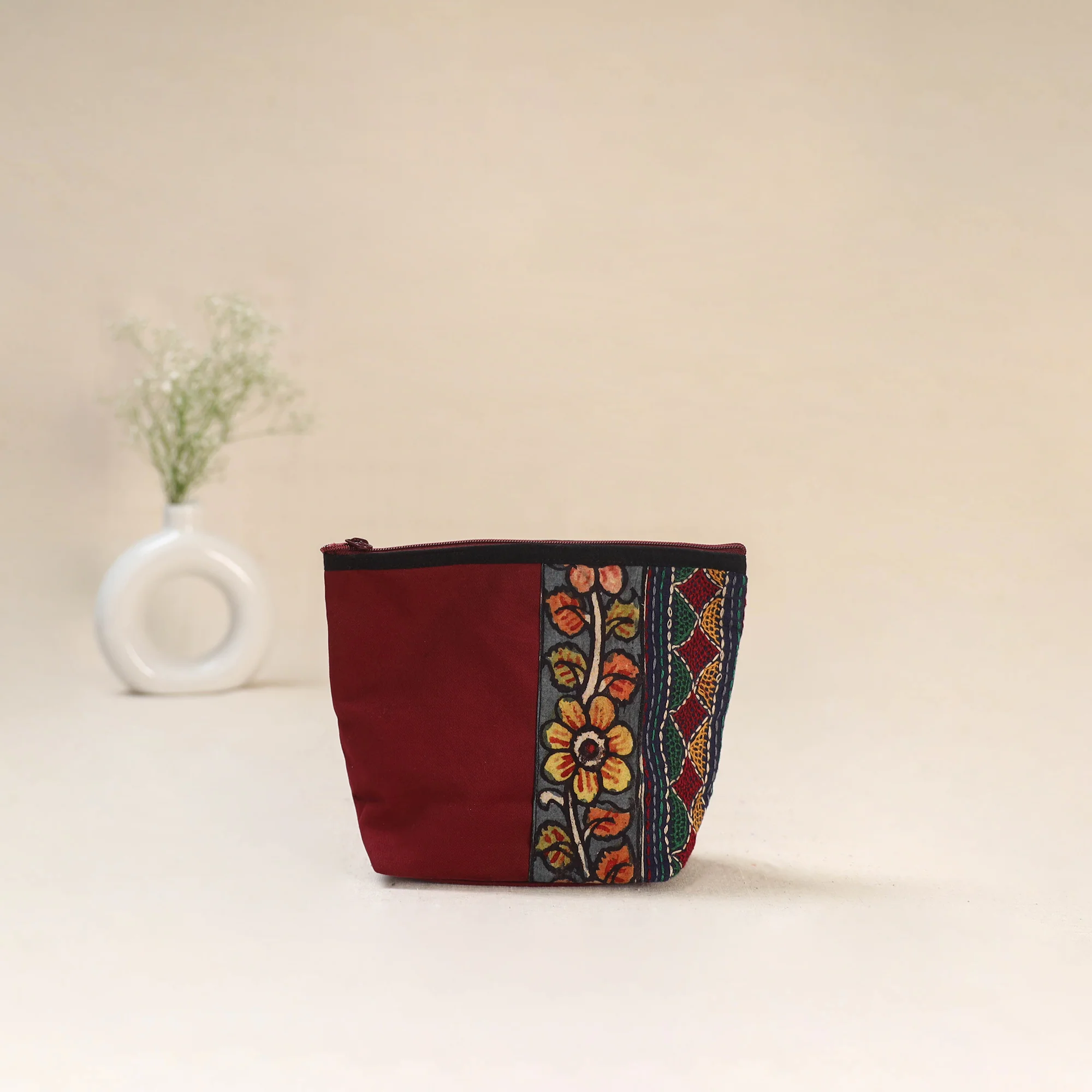 Red - Tagai Work Srikalahasti Kalamkari Handpainted Small Utility Pouch 130