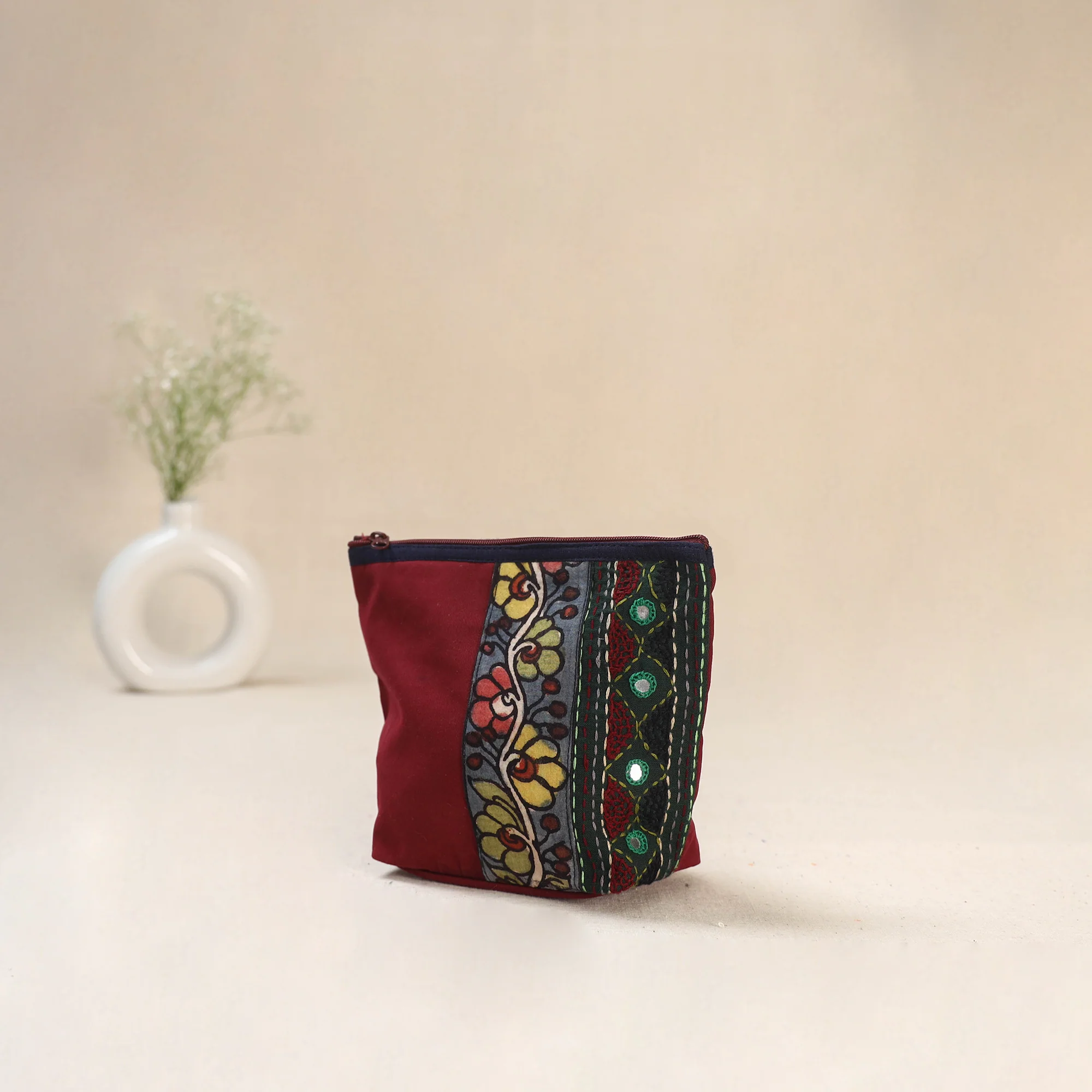 Red - Tagai Work Srikalahasti Kalamkari Handpainted Small Utility Pouch 131 - Image 2