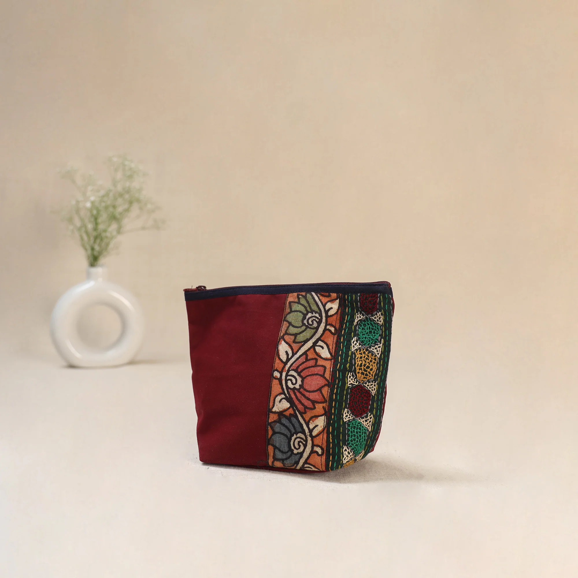 Red - Tagai Work Srikalahasti Kalamkari Handpainted Small Utility Pouch 132 - Image 2