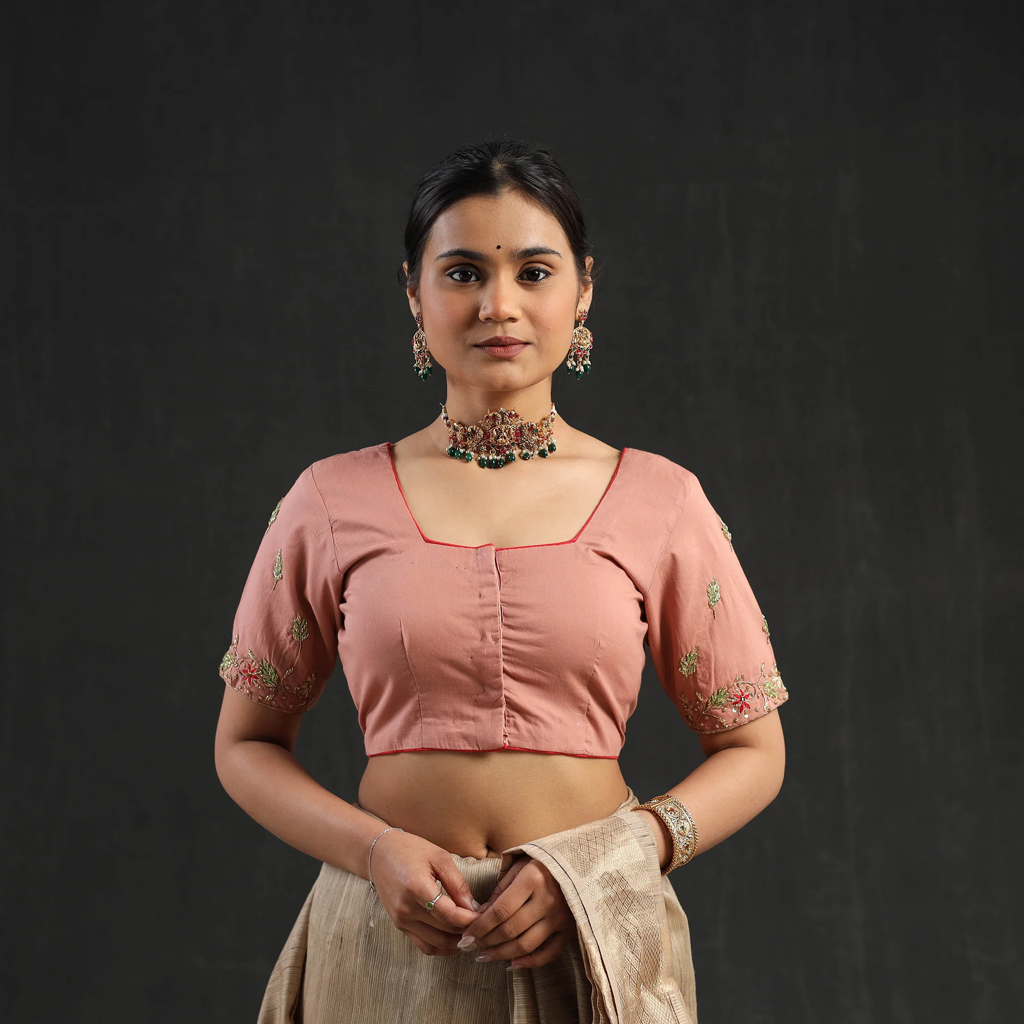 Peach - Zardozi Hand Embroidery Cotton Blouse 06 - Image 2