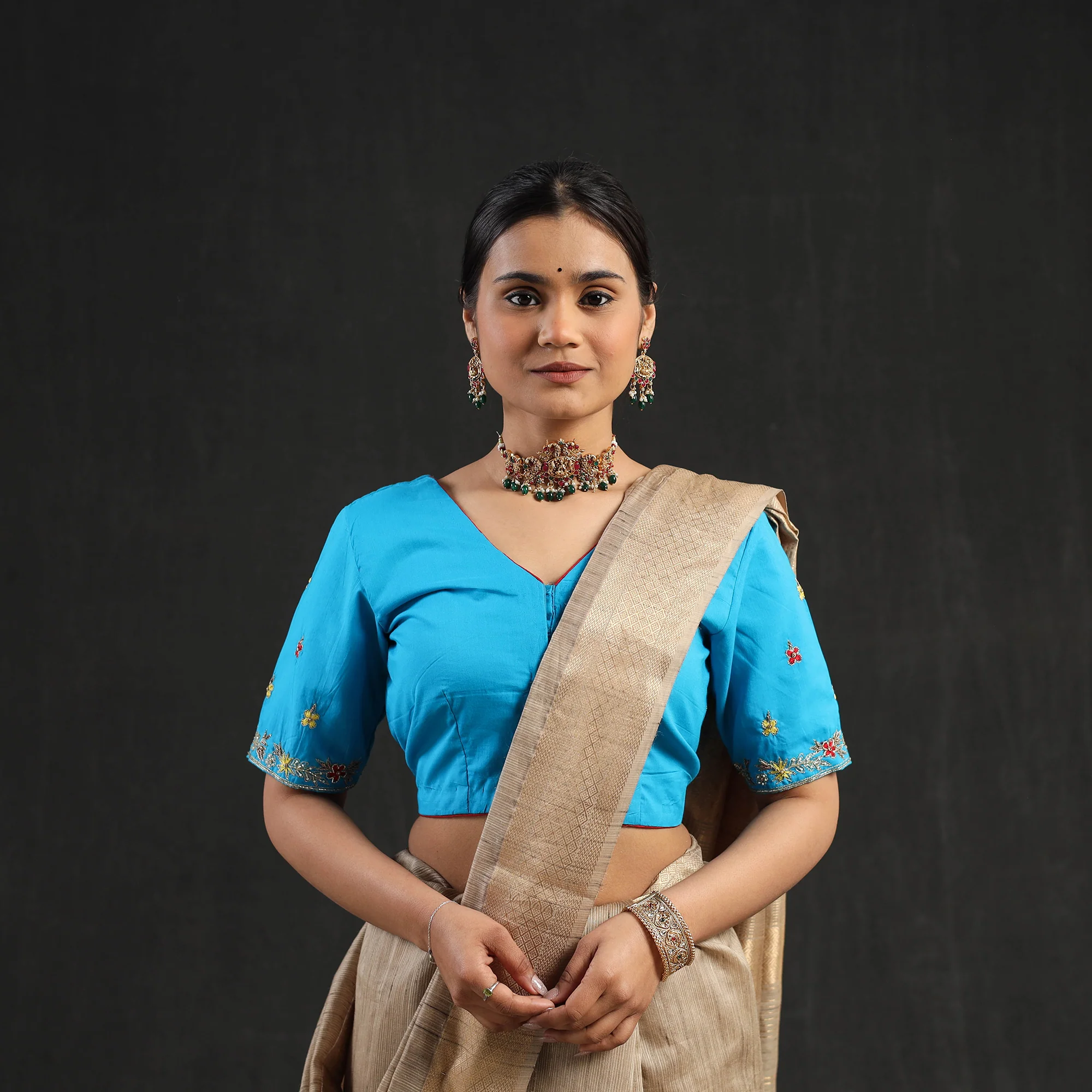Blue - Zardozi Hand Embroidery Cotton Blouse 12