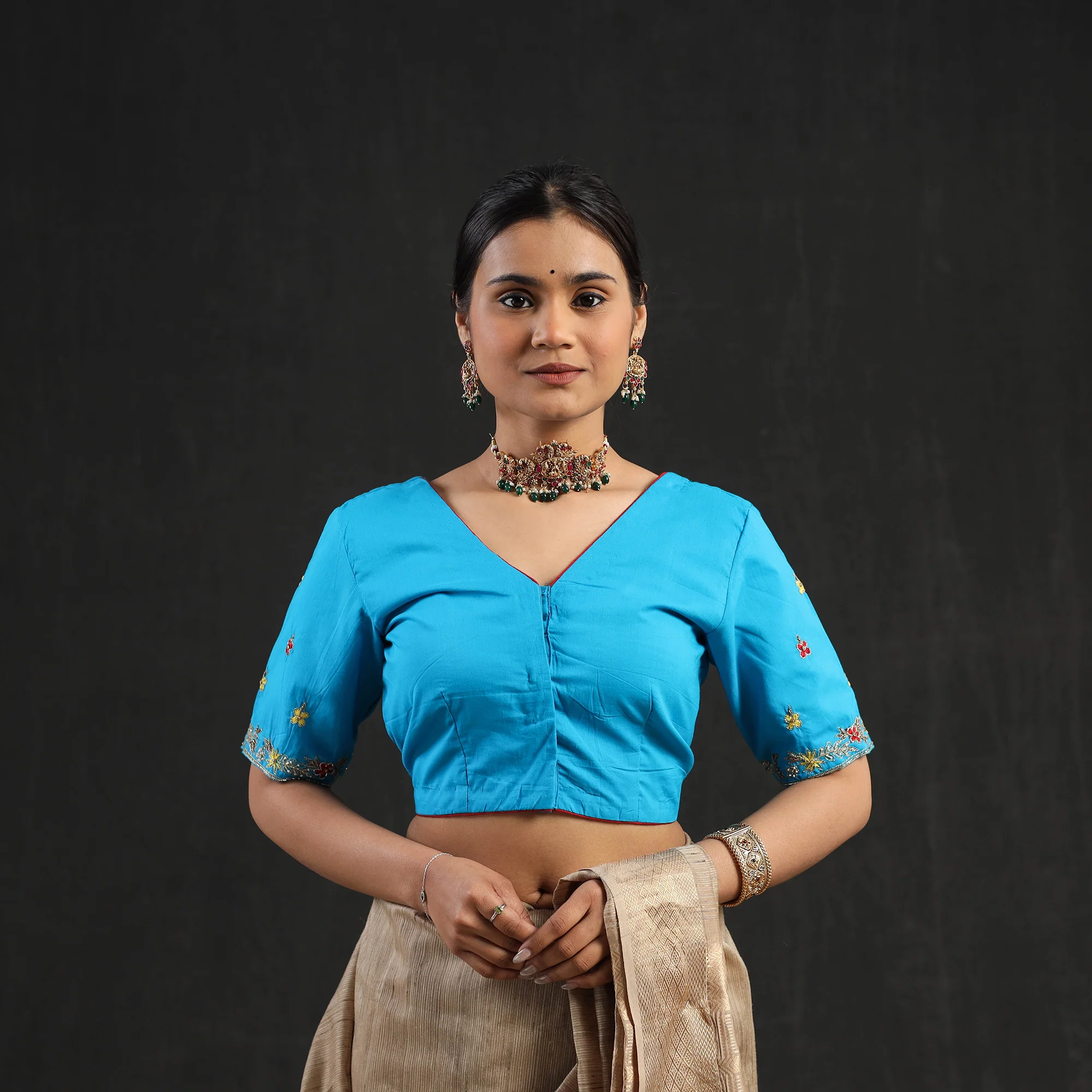 Blue - Zardozi Hand Embroidery Cotton Blouse 12 - Image 2